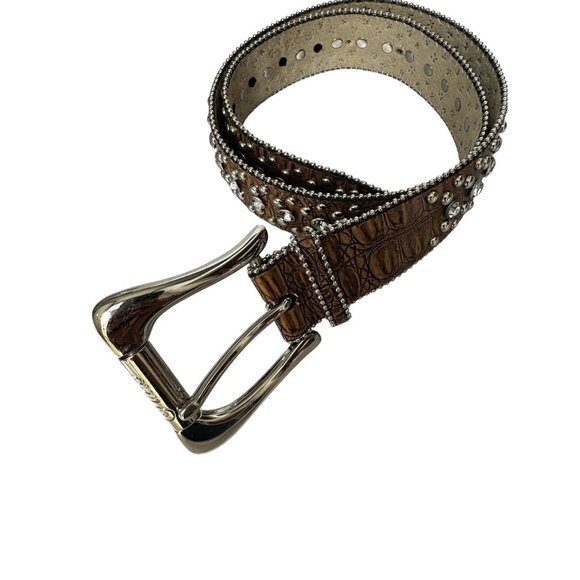 Guess Womens Rhinestone Brown Croc-Embossed Leather Belt 39 - Picture 1 of 6